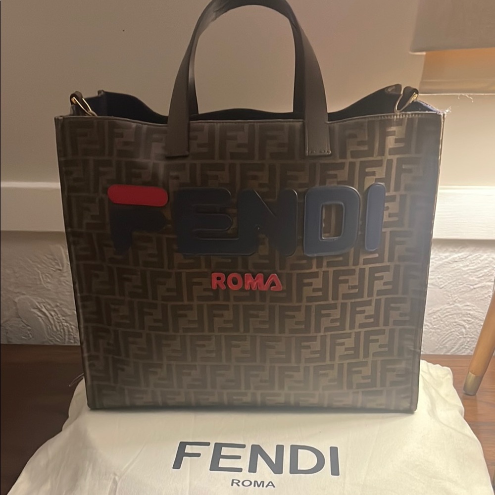 Fendi Brown and Red Tote Bag with Pattern and Red Accents